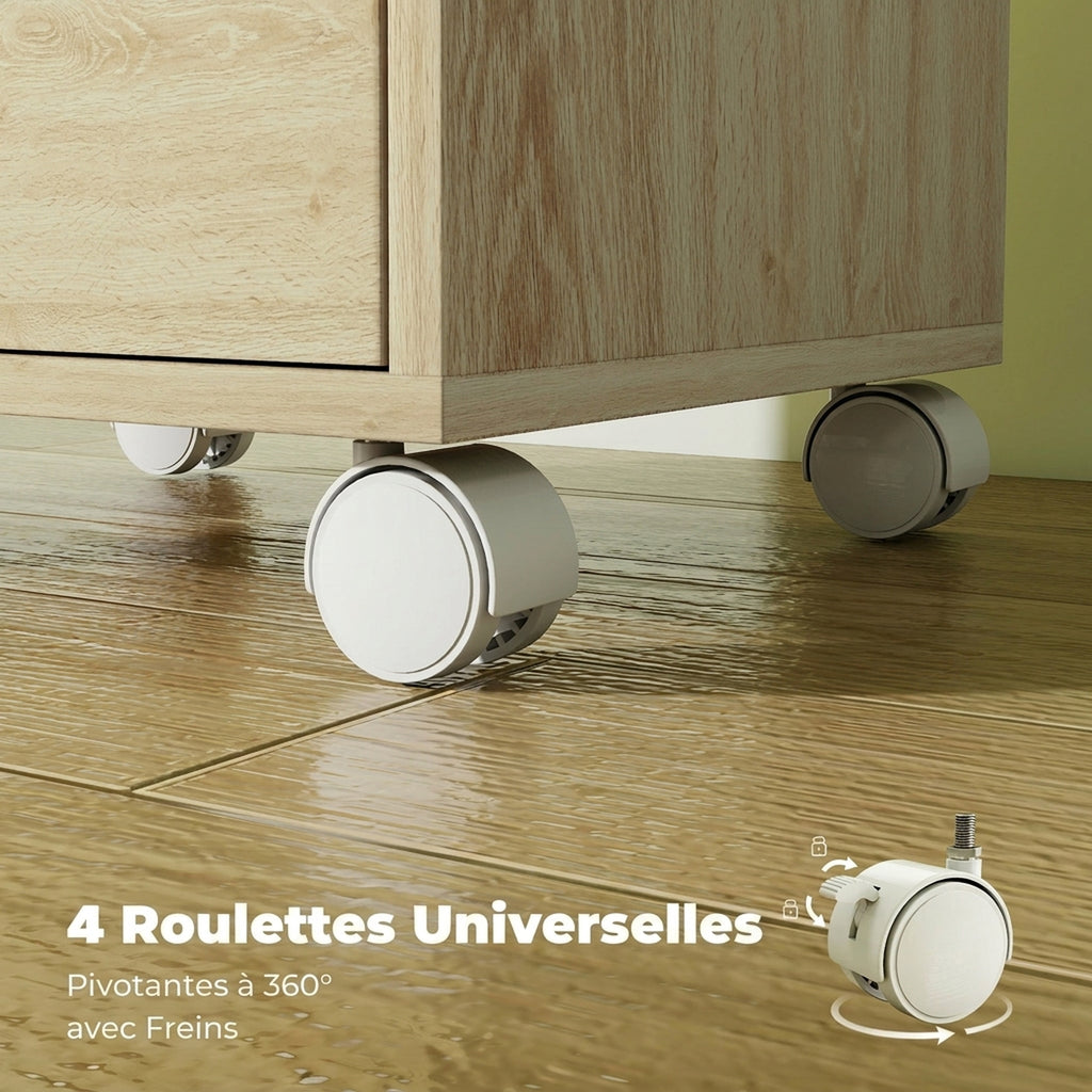 Mobile Office Cabinet with 6 Silent Drawers, Printer Stand, Recessed Handles, 40x35x63cm, Oak