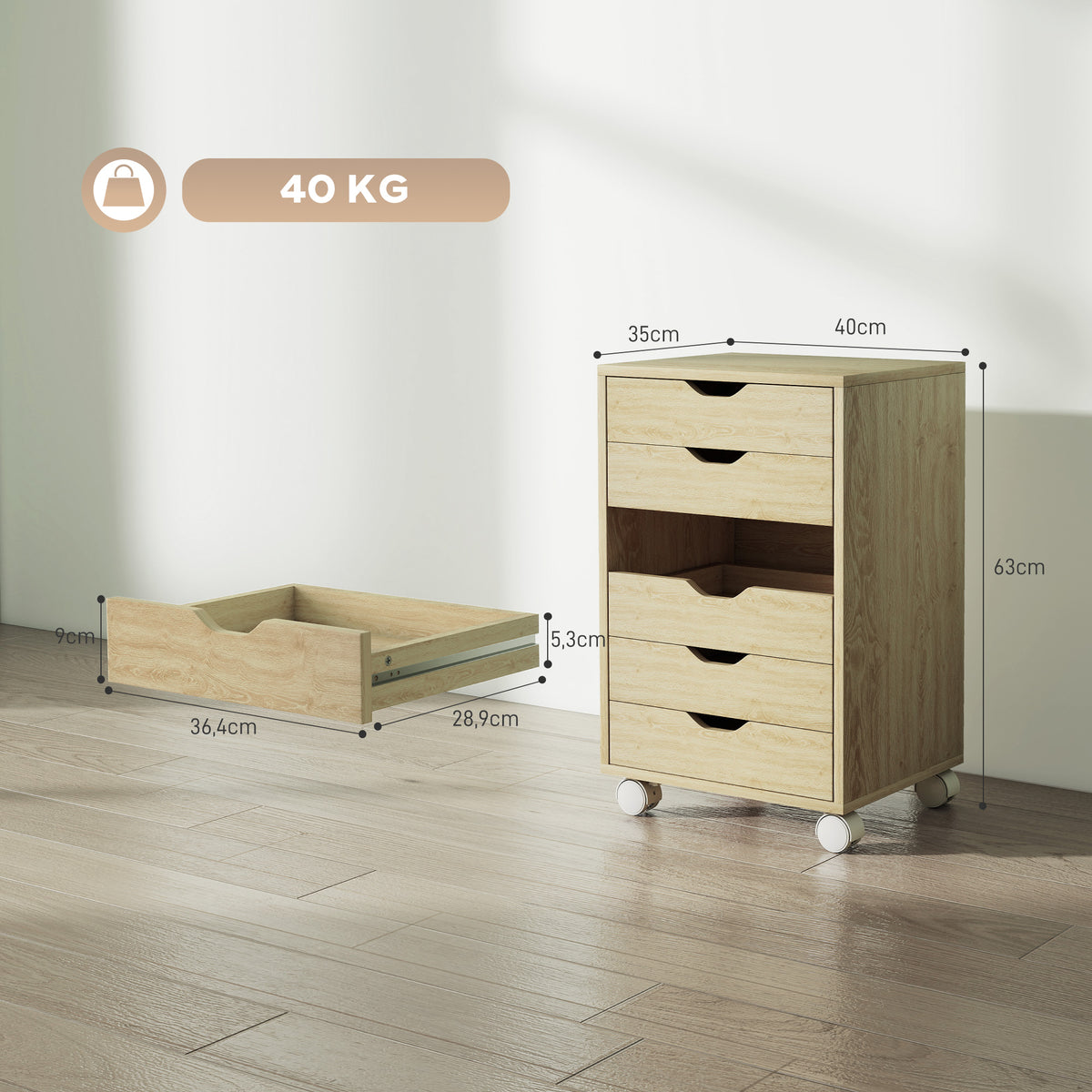 Caisson de Bureau Mobile 6 Tiroirs Silencieux, Support d'Imprimante, Poignées Encastrées, 40 x 35 x 63 cm, Chêne