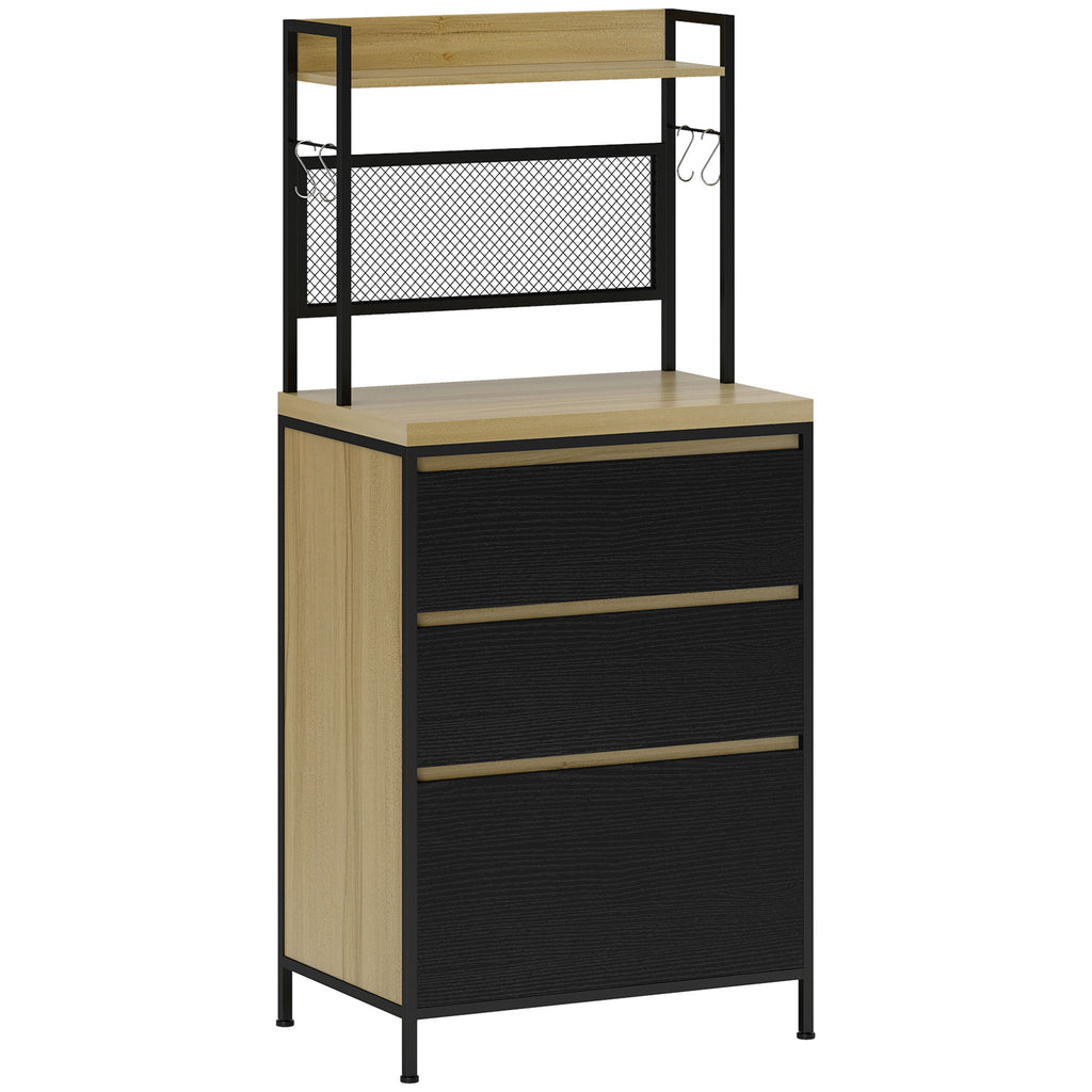 Industrial Style Kitchen Cabinet with 3 Drawers, Worktop, Shelf and 4 Hooks, 60x40x132cm