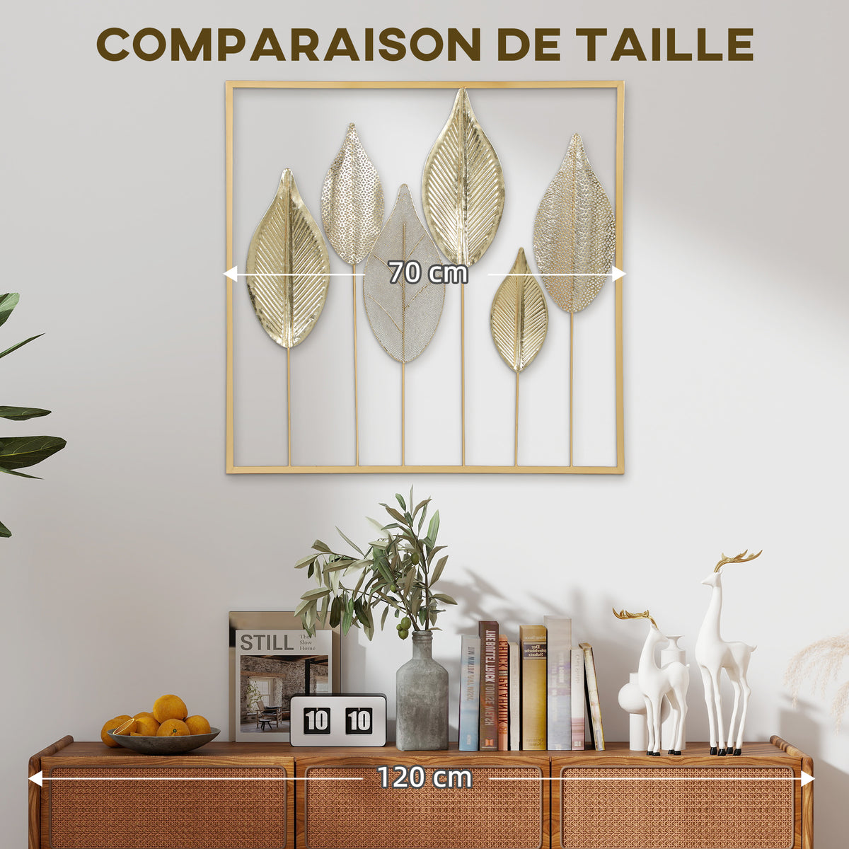 Modern Metal Wall Art, Leaf-Shaped Metal Wall Sculpture, 70x70cm, Gold