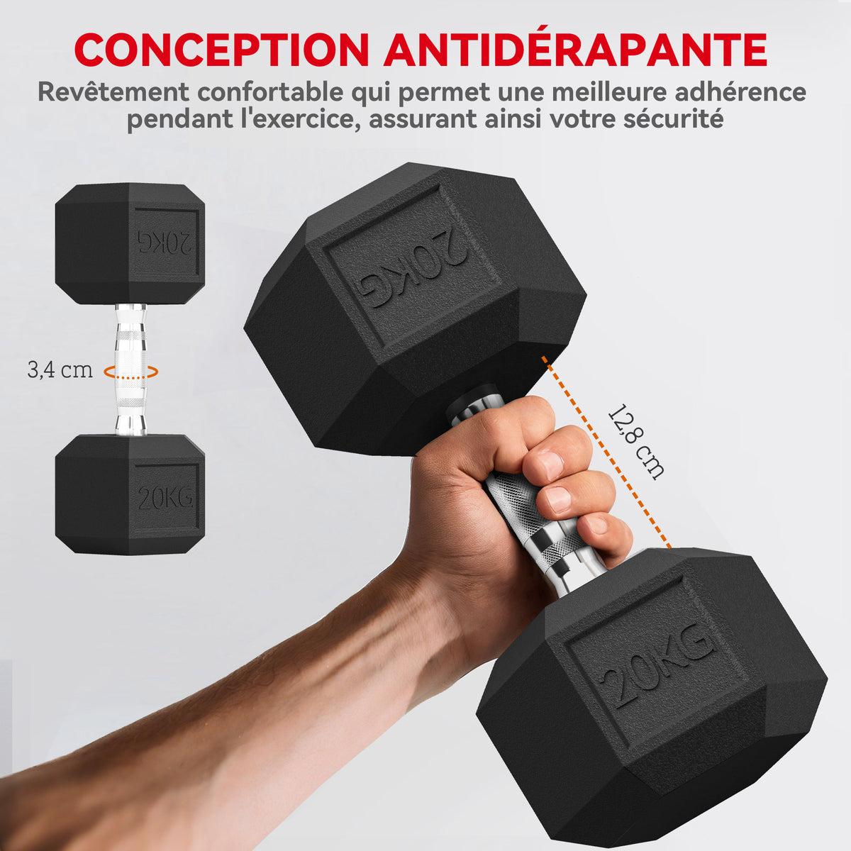 Haltère courte poids 20 Kg - 1 pièce, Haltère hexagonale entraînement musculaire & haltérophilie - métal caoutchouc noir