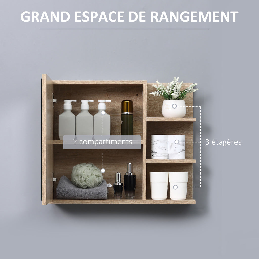 Bathroom Mirror Cabinet with Shelves - 3 Side Shelves - Wall Mounting Kit Included - Light Oak Finish