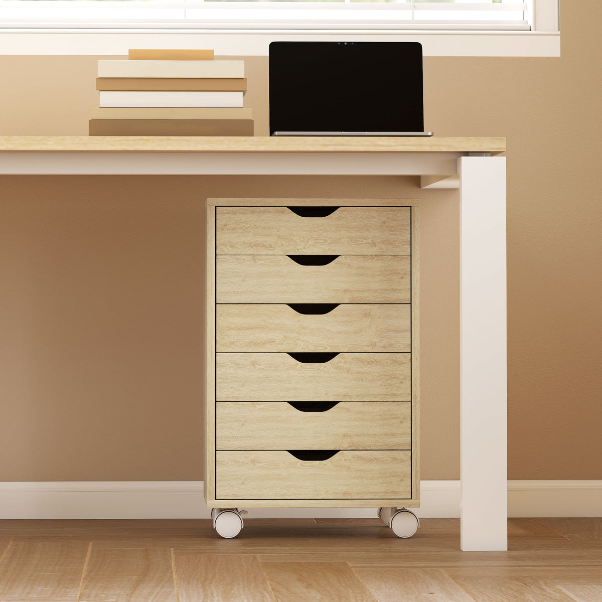 Mobile Office Cabinet with 6 Silent Drawers, Printer Stand, Recessed Handles, 40x35x63cm, Oak