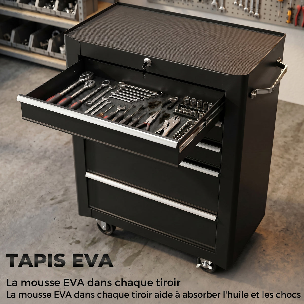 Rolling Tool Cabinet on Wheels, 5-Drawer Lockable Steel Workshop Trolley with 2 Keys, 61.5x33x82.5cm, Black