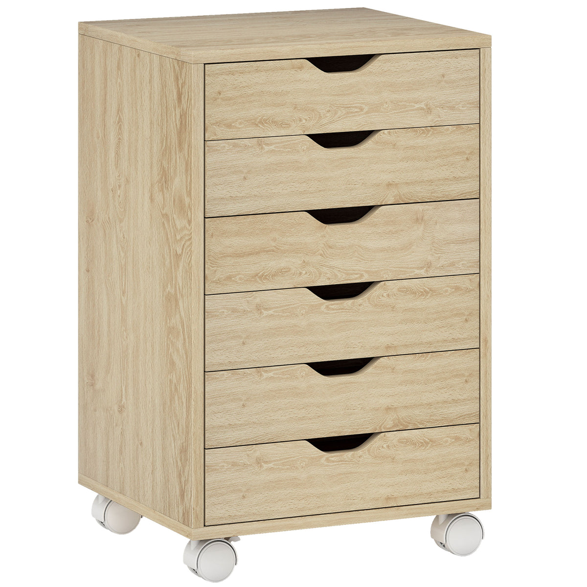 Caisson de Bureau Mobile 6 Tiroirs Silencieux, Support d'Imprimante, Poignées Encastrées, 40 x 35 x 63 cm, Chêne