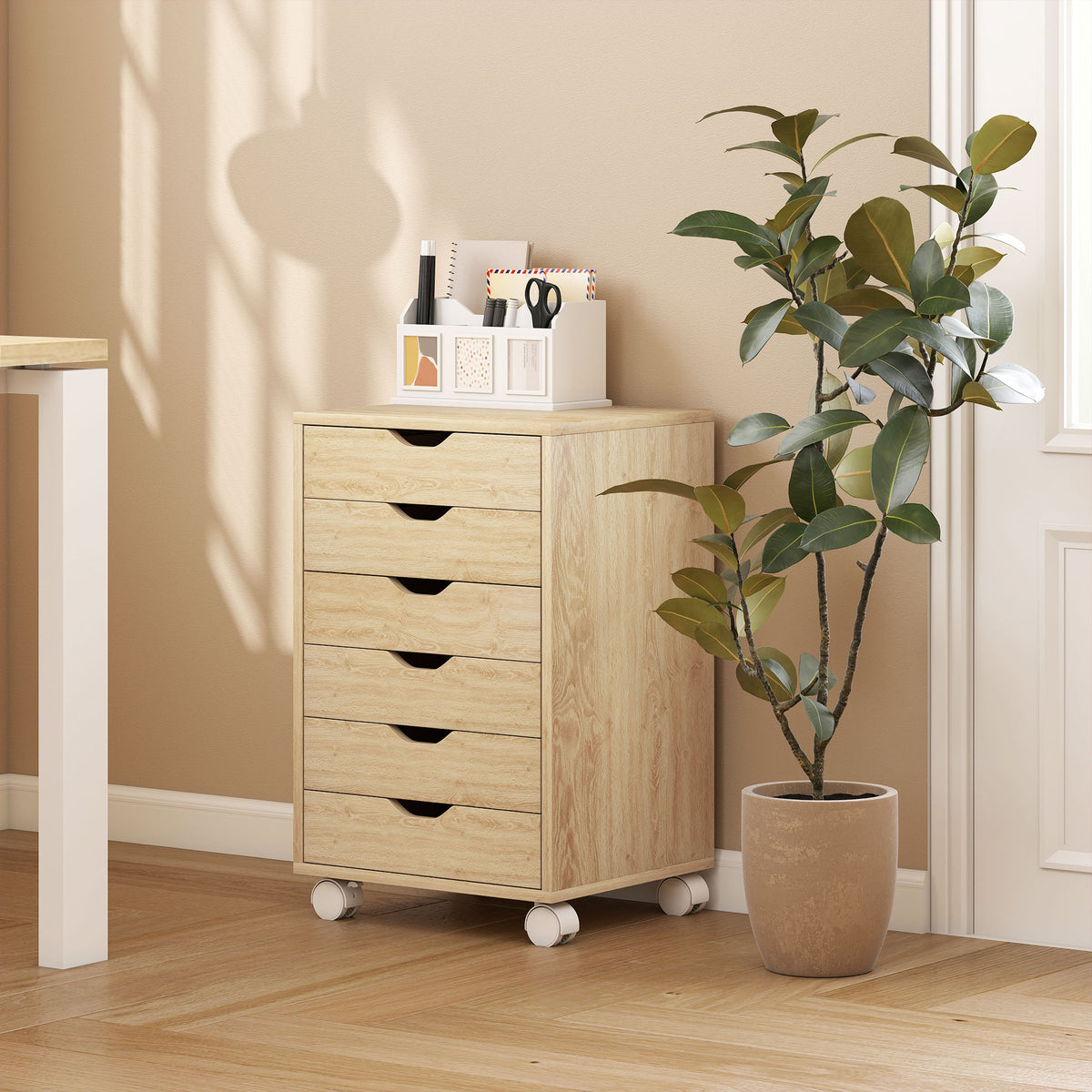Caisson de Bureau Mobile 6 Tiroirs Silencieux, Support d'Imprimante, Poignées Encastrées, 40 x 35 x 63 cm, Chêne