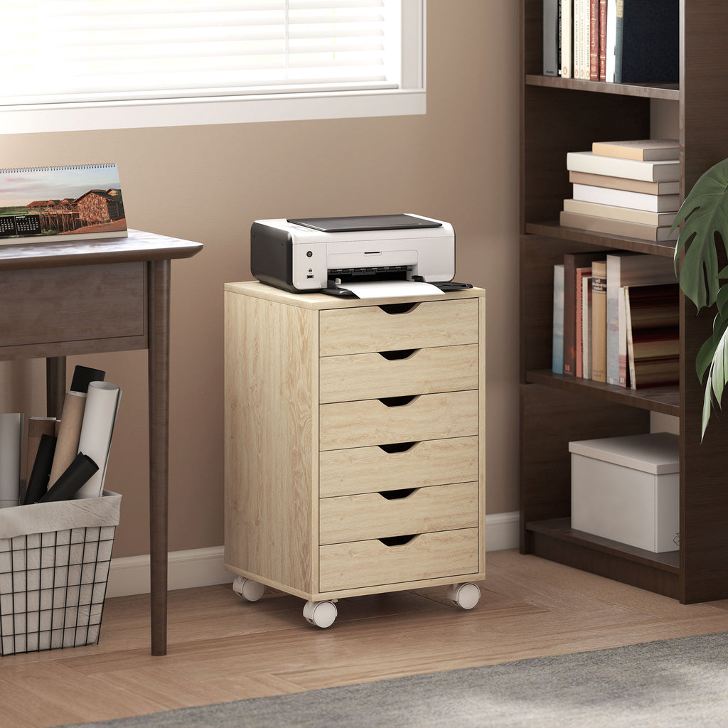 Mobile Office Cabinet with 6 Silent Drawers, Printer Stand, Recessed Handles, 40x35x63cm, Oak
