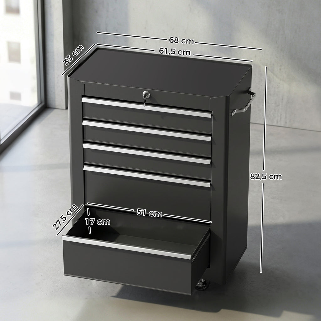 Rolling Tool Cabinet on Wheels, 5-Drawer Lockable Steel Workshop Trolley with 2 Keys, 61.5x33x82.5cm, Black