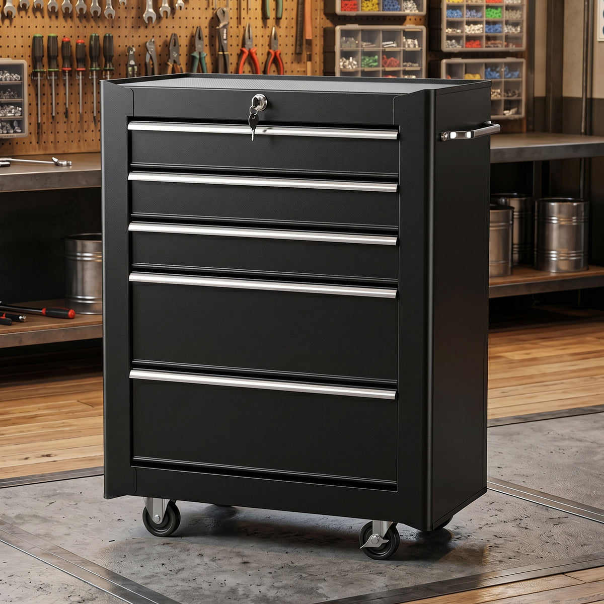 Rolling Tool Cabinet on Wheels, 5-Drawer Lockable Steel Workshop Trolley with 2 Keys, 61.5x33x82.5cm, Black