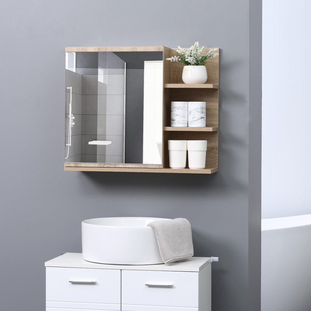 Bathroom Mirror Cabinet with Shelves - 3 Side Shelves - Wall Mounting Kit Included - Light Oak Finish