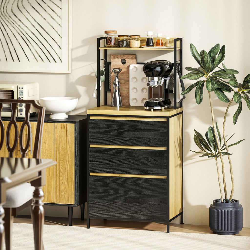 Industrial Style Kitchen Cabinet with 3 Drawers, Worktop, Shelf and 4 Hooks, 60x40x132cm