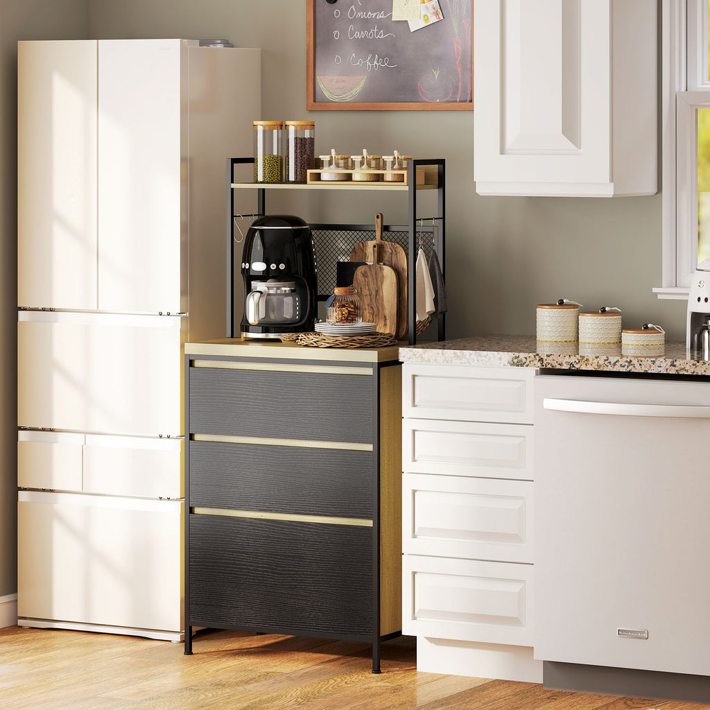 Industrial Style Kitchen Cabinet with 3 Drawers, Worktop, Shelf and 4 Hooks, 60x40x132cm