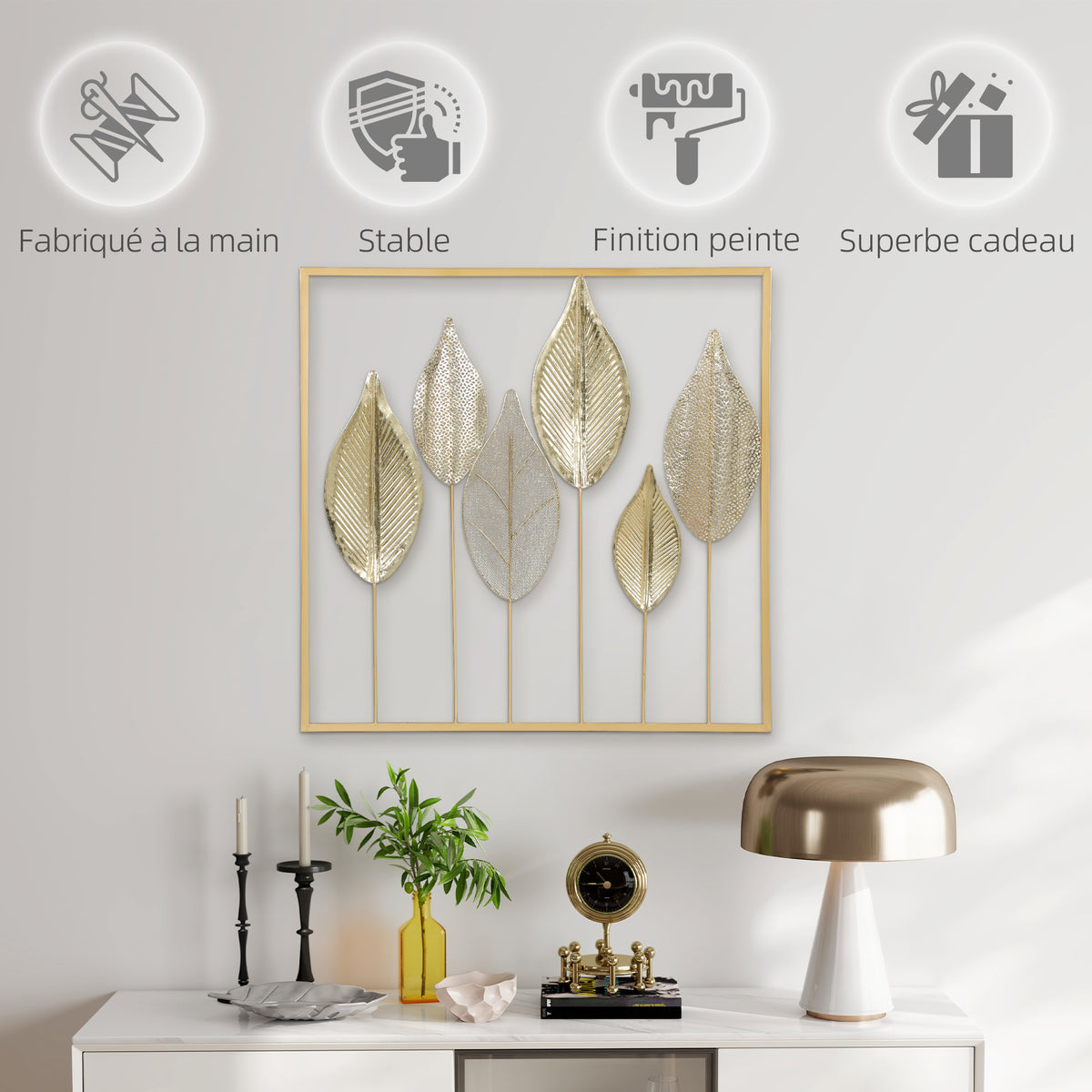 Modern Metal Wall Art, Leaf-Shaped Metal Wall Sculpture, 70x70cm, Gold