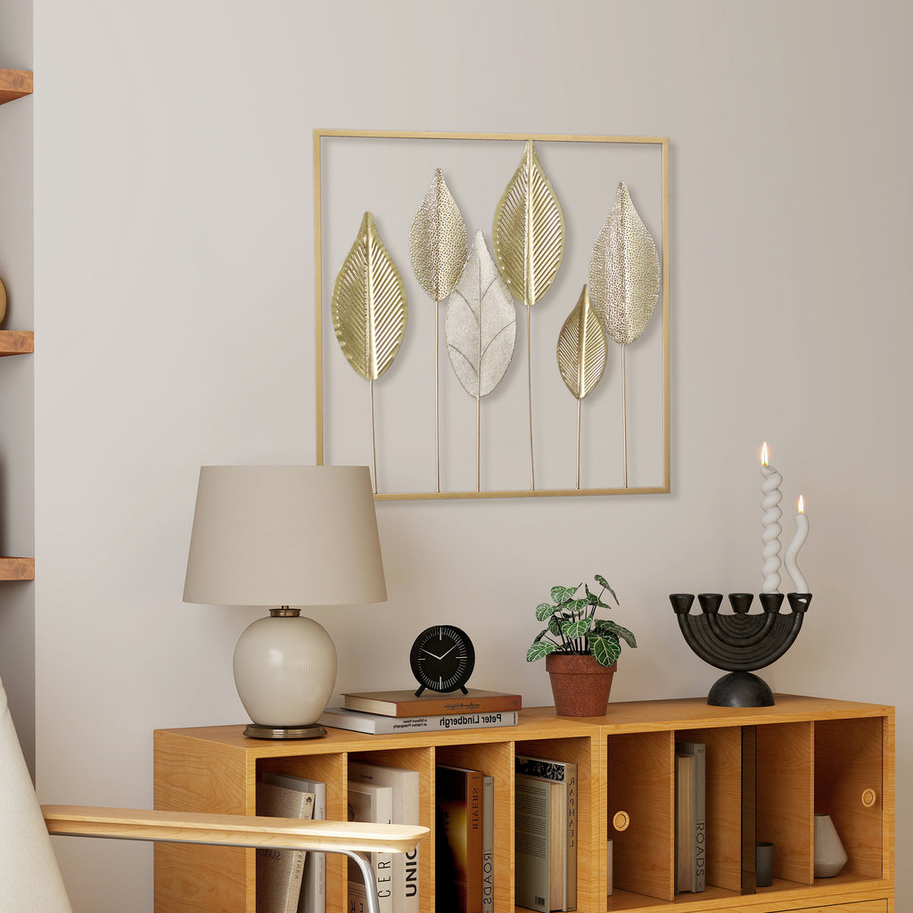 Modern Metal Wall Art, Leaf-Shaped Metal Wall Sculpture, 70x70cm, Gold